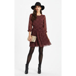 NWT Forever 21 Burgundy Taupe Polka Dot Pleated Boho Coquette Mini Dress, Small